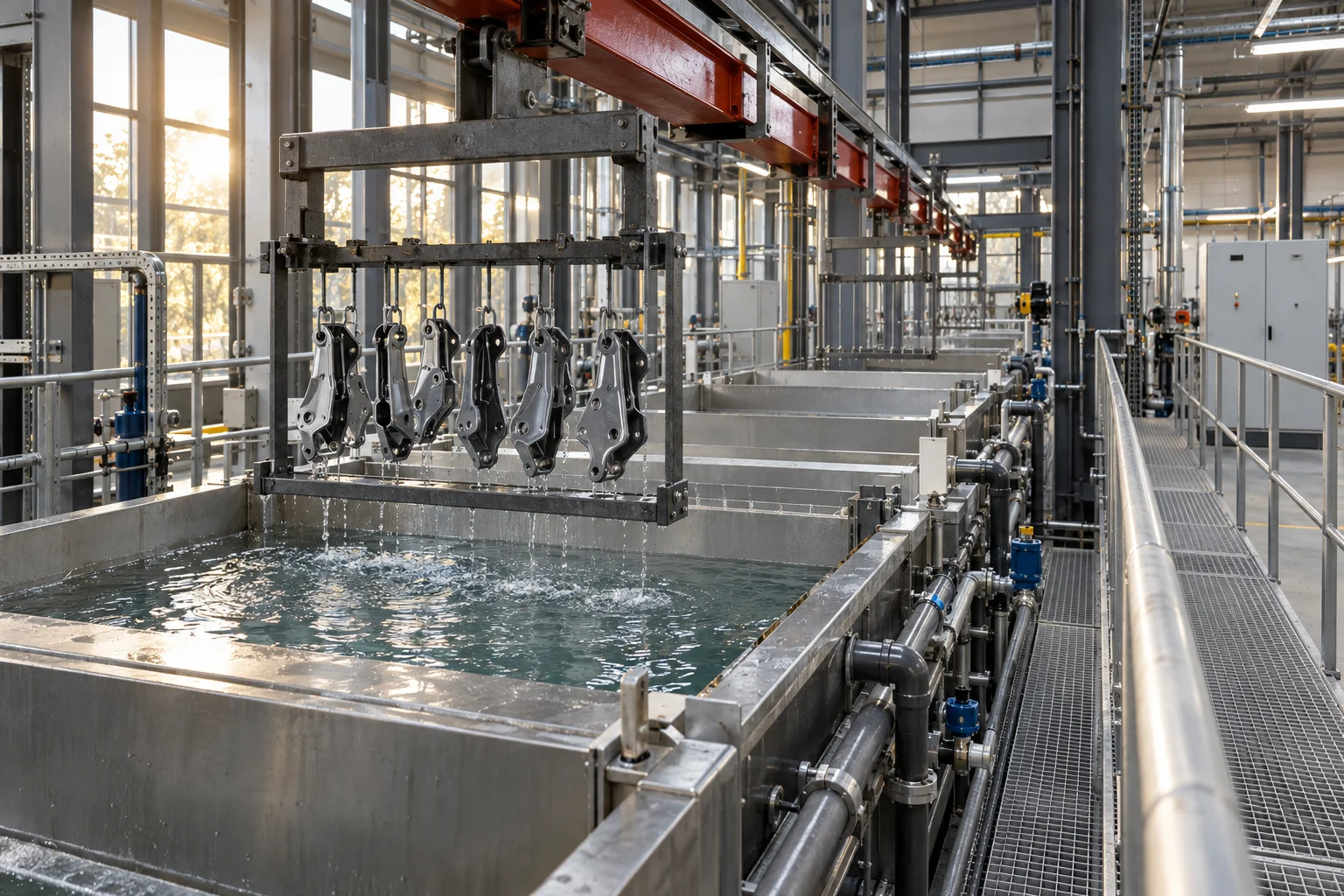 Askıdaki metal parçaların paslanmaz tanklar arasında taşındığı yüzey işlem hattı; yapay zekâ ile oluşturulmuş temsili sahne